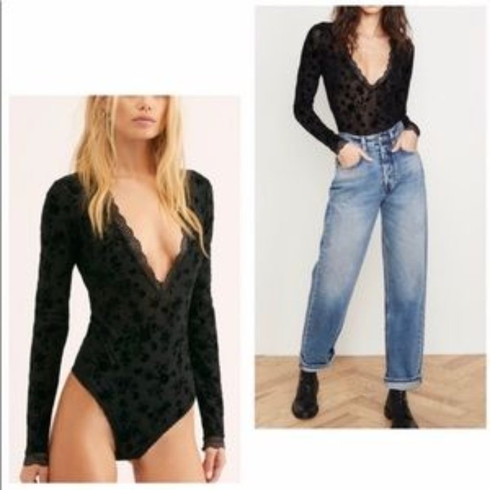 Free People Black Long Sleeve Deep V Velvet & Lace Bodysuit